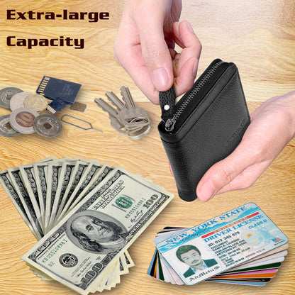 RFID Wallet for Men Leather Zip Wallet Bifold Card Holder Purse with Zipper Coin Pocket(Black-21)