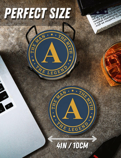 Onebttl Monogram Initial Gifts for Men - The Man The Myth The Legend Ceramic Coaster Set of 6 - with Holder and Absorbent Cork Base - C