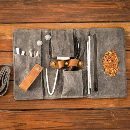 Whitluck's Waxed Canvas Tobacco Smoking Pipe Pouch with Leather Pipe Stand, Travel Pipe Case Bag for 2 Pipes and Other Accessories (Charcoal Grey)