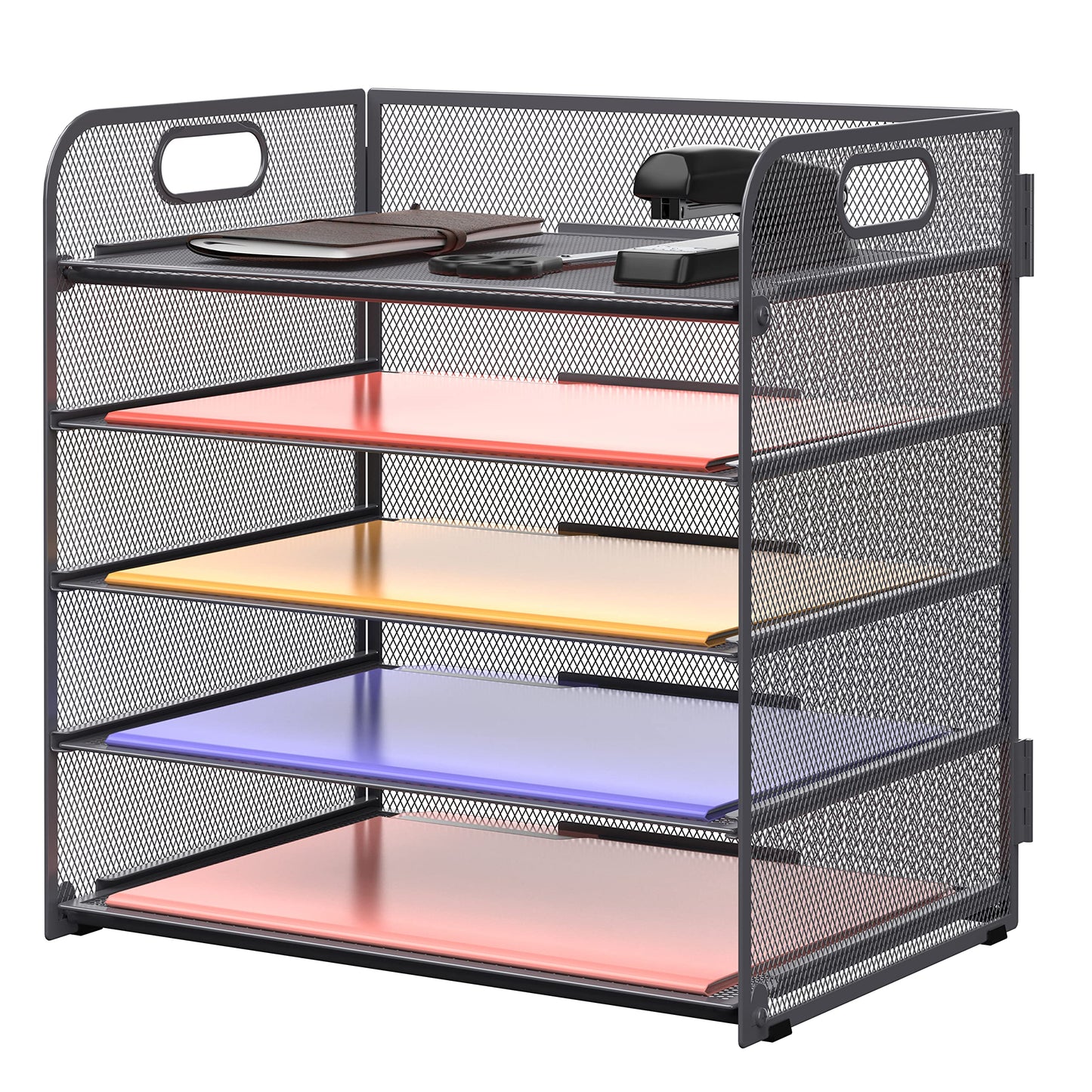 Supeasy 5 Trays Paper Organizer Letter Tray with Handle-Mesh Desk File Organizer, Grey Paper Sorter Desk Organizer for Office, Home or School