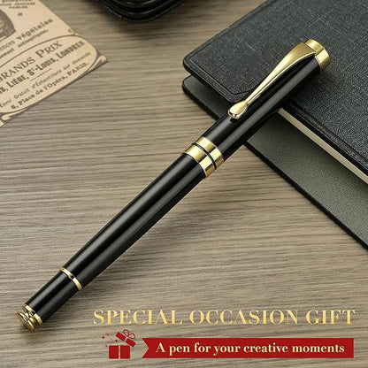 BEILUNER Ballpoint Pens, Stunning Black Chrome Metal Pen with Golden Trim, Best Ball Pen Gift Set for Men & Women, Professional, Executive, Office, Nice Pens-Gift Box with 0.5mm Black Extra Refill