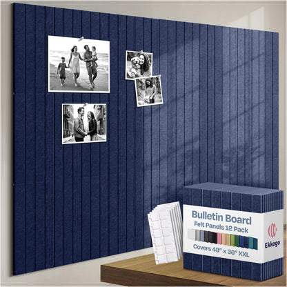 Ekkogo X-Large Cork Board Alternative 12-Pack Felt Bulletin Board Thick and Decorative Pin Board for Home Office Walls 47.24 x 35.43 Inches with 72 Adhesive Tabs - [Denim Blue]