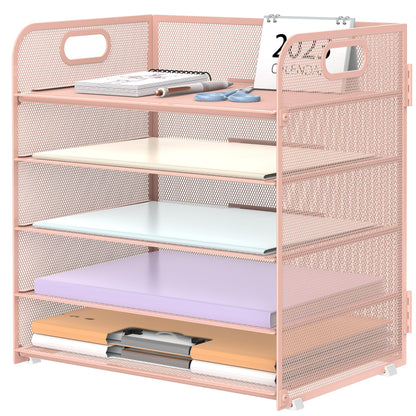 Supeasy 5 Trays Paper Organizer Letter Tray with Handle-Mesh Desk File Holders, Paper Sorter Desk Organizer for Office, Home, Classroom or School, Pink