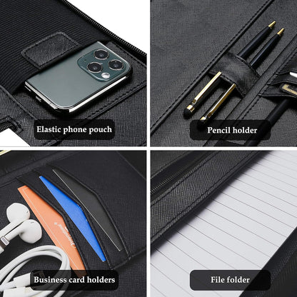 ProCase Portfolio Business Padfolio Folder with Handle and Zipper, Conference Meeting Executive File Legal Document Organizer with Pockets Letter Size A4 Writing Pad Notepad Padfolio -Allblack