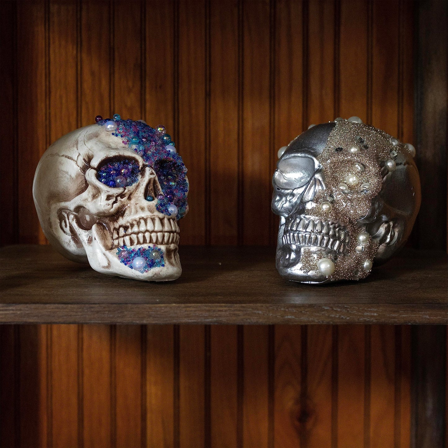 Halloween Pirate Treasure Skulls - 2 Pk, 8" Human Heads with Gem Studded Rhinestones - Indoor Home Decorations, Skeleton Prop Sculptures- Fall Party Decor for Haunted Houses Gothic Bone Table Statue