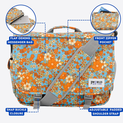 J World New York Thomas Laptop Messenger Bag for Women & Men. Girls Computer Bookbag, Retro Bloom