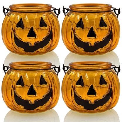 Halloween Candle Holders Set of 4, SHMILMH Tealight Votive Candle Holders with Grimace, Metal Hanging Pumpkin Jack O Lanterns Decorative Halloween Table Centerpiece Orange