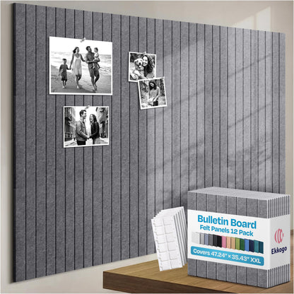 Ekkogo X-Large Cork Board Alternative 12-Pack Felt Bulletin Board Thick and Decorative Pin Board for Home Office Walls 47.24 x 35.43 Inches with 72 Adhesive Tabs - [Pebble Gray]