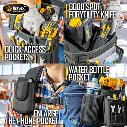 Bravex Tool Belt Suspenders, Tool Vest Pro Ultra 20 Bags H-Style Toolbelt 5 Combo Apron Tool Pouch For Framers Carpenter Electrician 1200D Ballistic Nylon