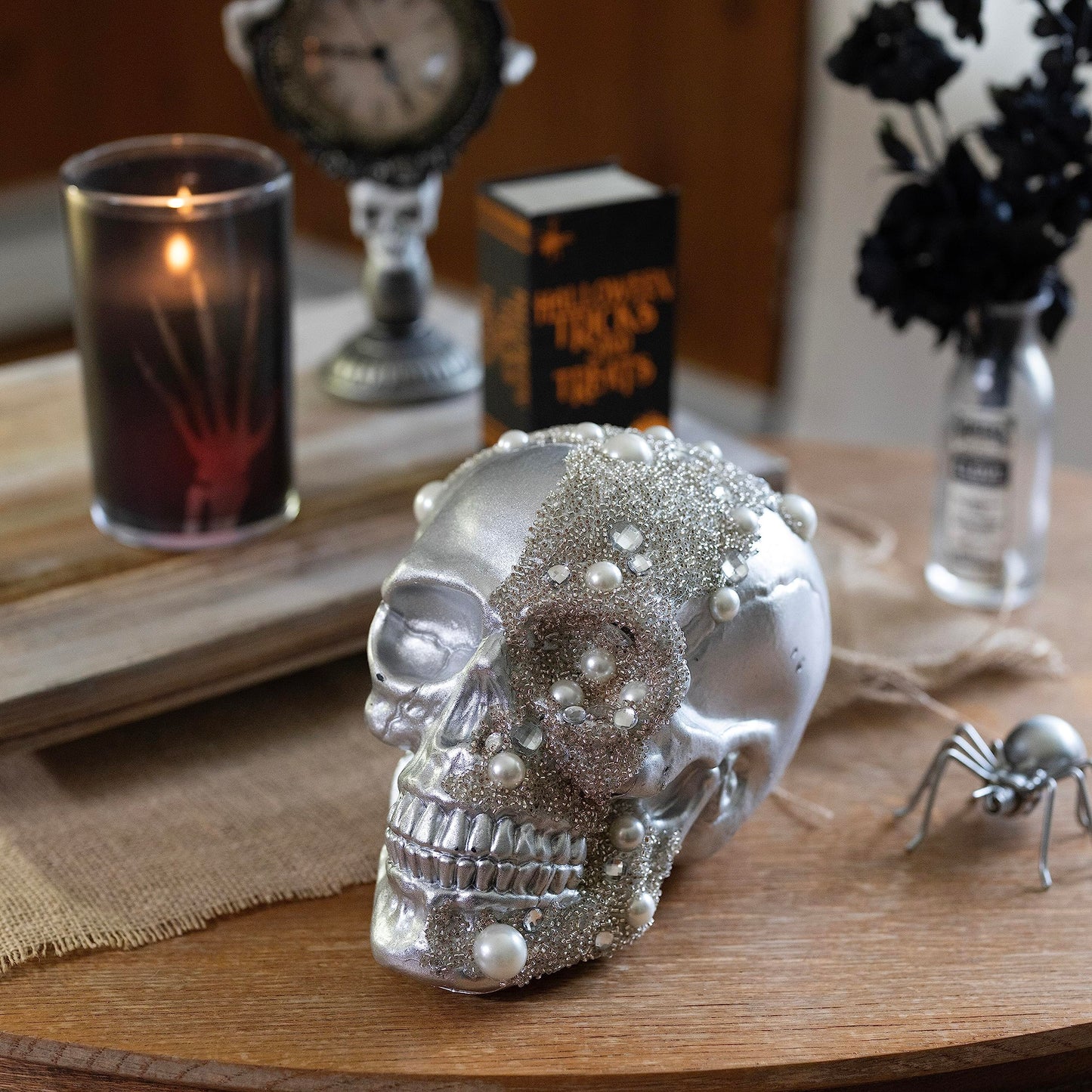 Halloween Pirate Treasure Skulls - 2 Pk, 8" Human Heads with Gem Studded Rhinestones - Indoor Home Decorations, Skeleton Prop Sculptures- Fall Party Decor for Haunted Houses Gothic Bone Table Statue