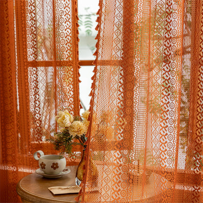 Sutuo Home Terracotta Boho Lace Curtains 2 Panels 84 Inches Long for Living Room&Bedroom, Burnt Orange Crochet Privacy Farmhouse Vintage Tassels Retro Halloween Window Sheer Curtains Rod Pocket,50" W