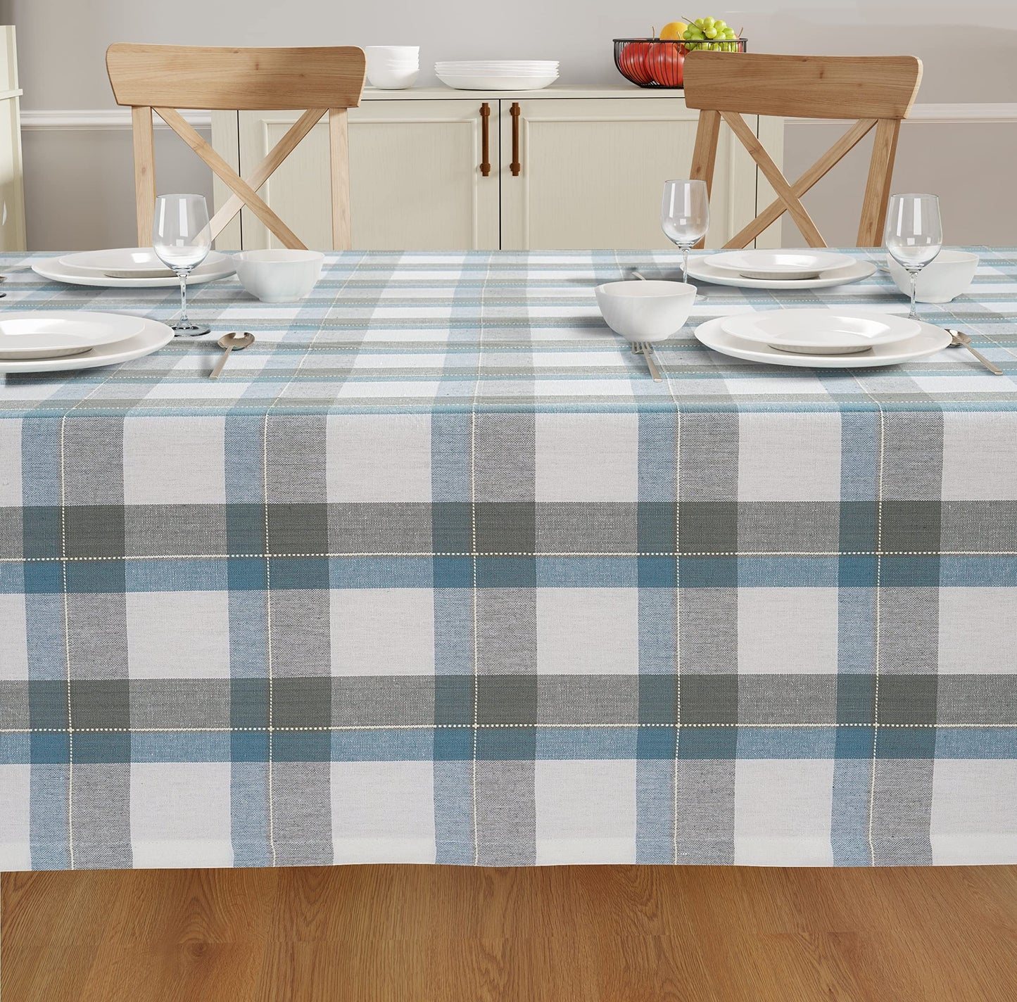 Casa De Lan Rectangle Table Cloth - Table Cover - Cotton Mitered Stitched - Checks Table Covers for Kitchen Dining, Wedding, Decorations, & Parties - 60x104 in - Blue Tartan