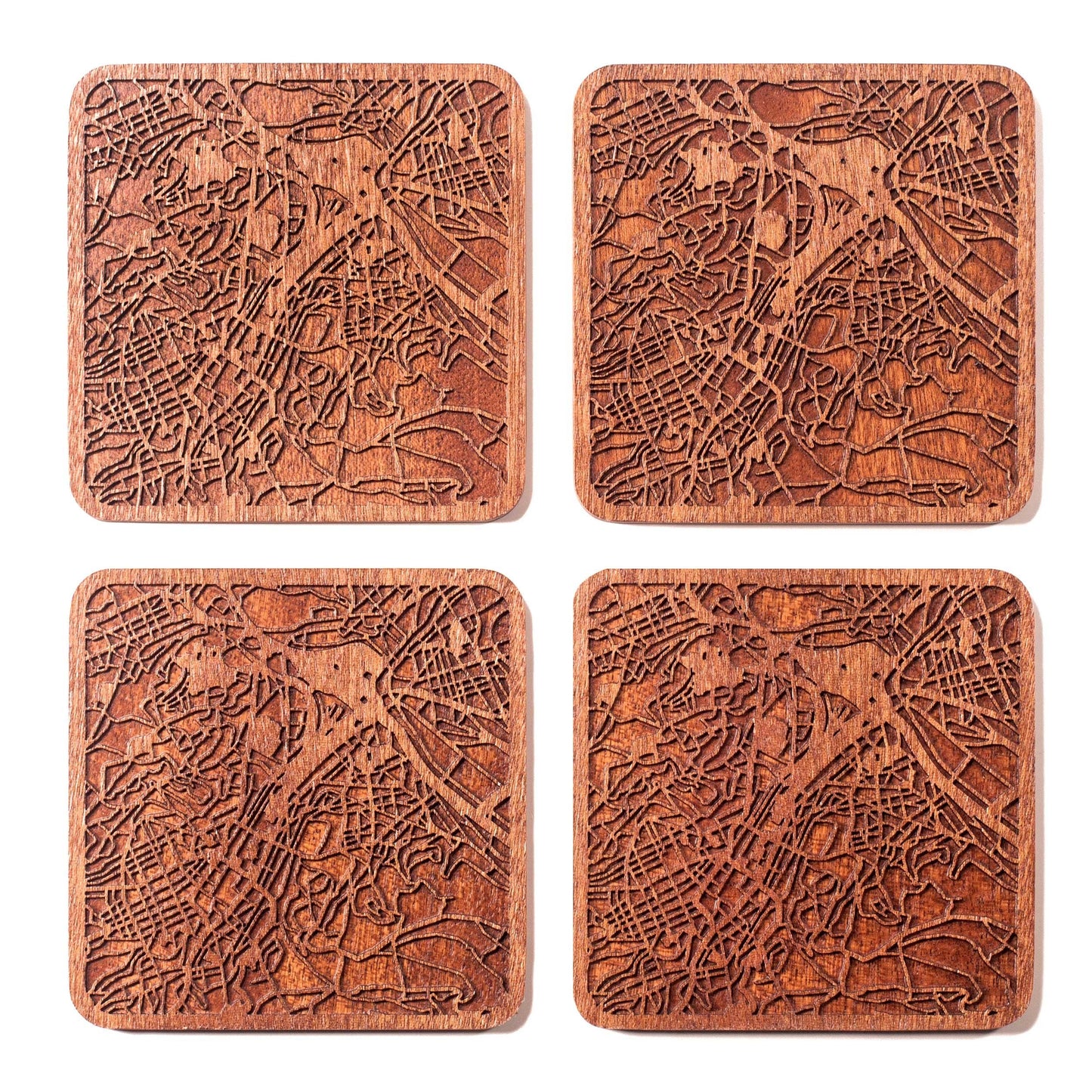 Stuttgart Map Coaster by O3 Design Studio, Set Of 4, Sapele Wooden Coaster With City Map, Handmade