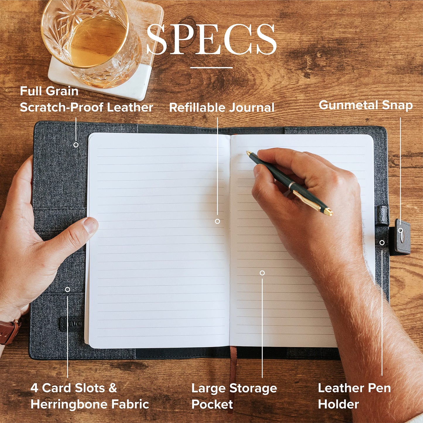 CASE ELEGANCE Black Full Grain Premium Leather Refillable Journal Cover with A5 Lined Notebook - Scratch-Proof DURA-Leather