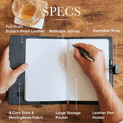 CASE ELEGANCE Black Full Grain Premium Leather Refillable Journal Cover with A5 Lined Notebook - Scratch-Proof DURA-Leather