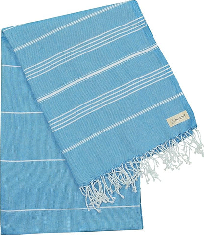 Bersuse Towels Anatolia XL Beach Blanket Throw Blanket Turkish Towel 100% Cotton Extra-Large Quick-Dry Lightweight Premium Peshtemal Towel - 61x82 Inches, Ocean Blue