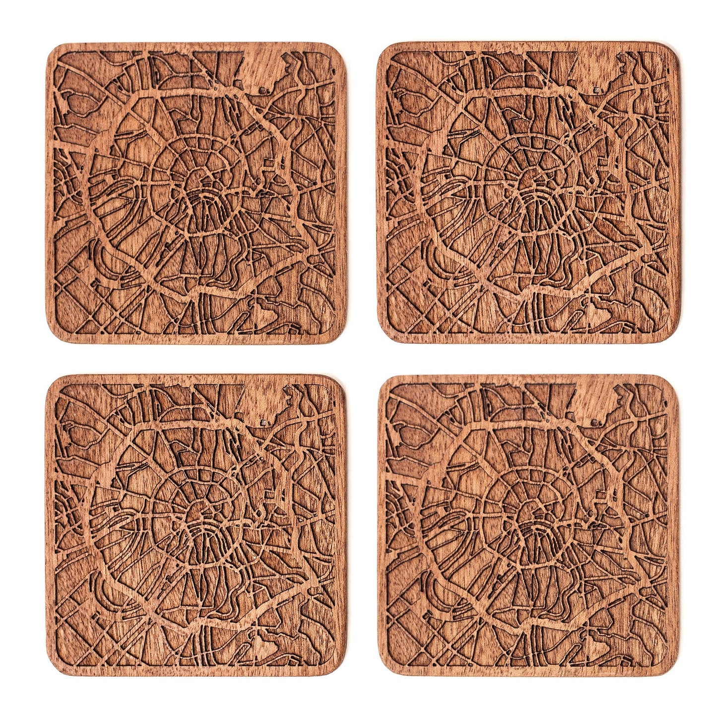 Moscow Map Coaster by O3 Design Studio, Set Of 4, Sapele Wooden Coaster With City Map, Handmade