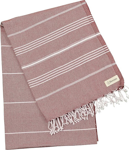 Bersuse Towels Anatolia XL Beach Blanket Throw Blanket Turkish Towel 100% Cotton Extra-Large Quick-Dry Lightweight Premium Peshtemal Towel - 61x82 Inches, Burgundy (Set of 6)