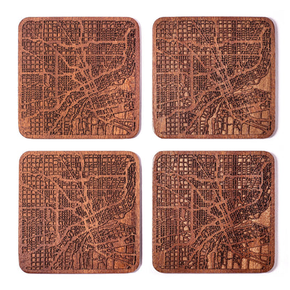 Detroit Map Coaster by O3 Design Studio, Set Of 4, Sapele Wooden Coaster With City Map, Handmade
